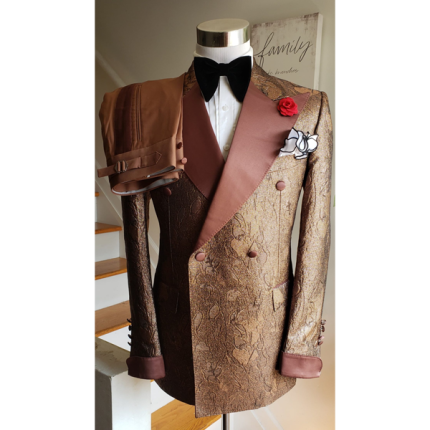 Light Brown Brocade Double-Breasted Tuxedo with Dark Brown Satin Lapel