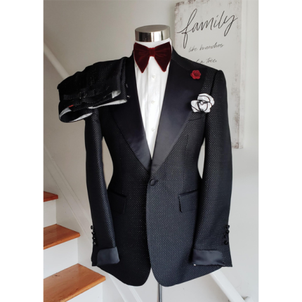 Black & White Polka Dot Brocade Tuxedo Suit with Black Satin Lapels