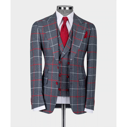 100% Wool Gray, Red & White Windowpane 3 Piece Suit