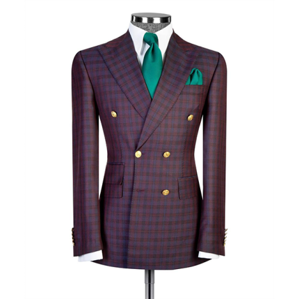 Burgundy Plaid Wool Double Breasted Suit with Gold Button