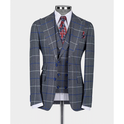 100% Wool Gray, Blue & White Windowpane 3 Piece Suit