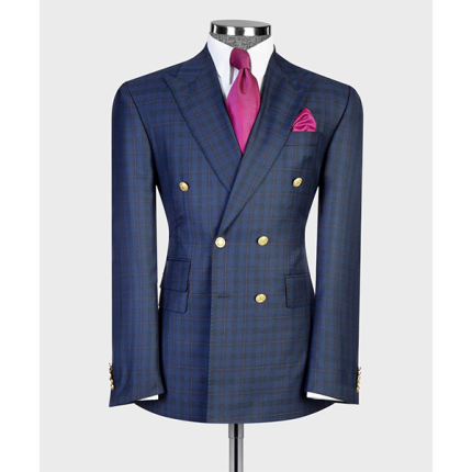 Navy Blue Plaid Wool Double Breasted Suit with Gold Buttons