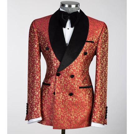 Brocade Red & Yellow With Black Satin Lapel Tuxedo