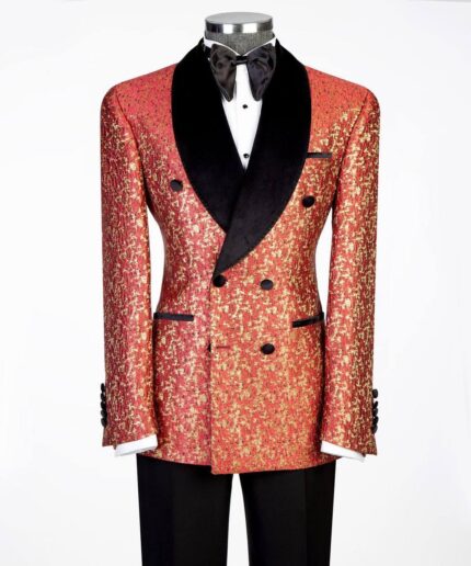Brocade Red & Yellow With Black Satin Lapel Tuxedo